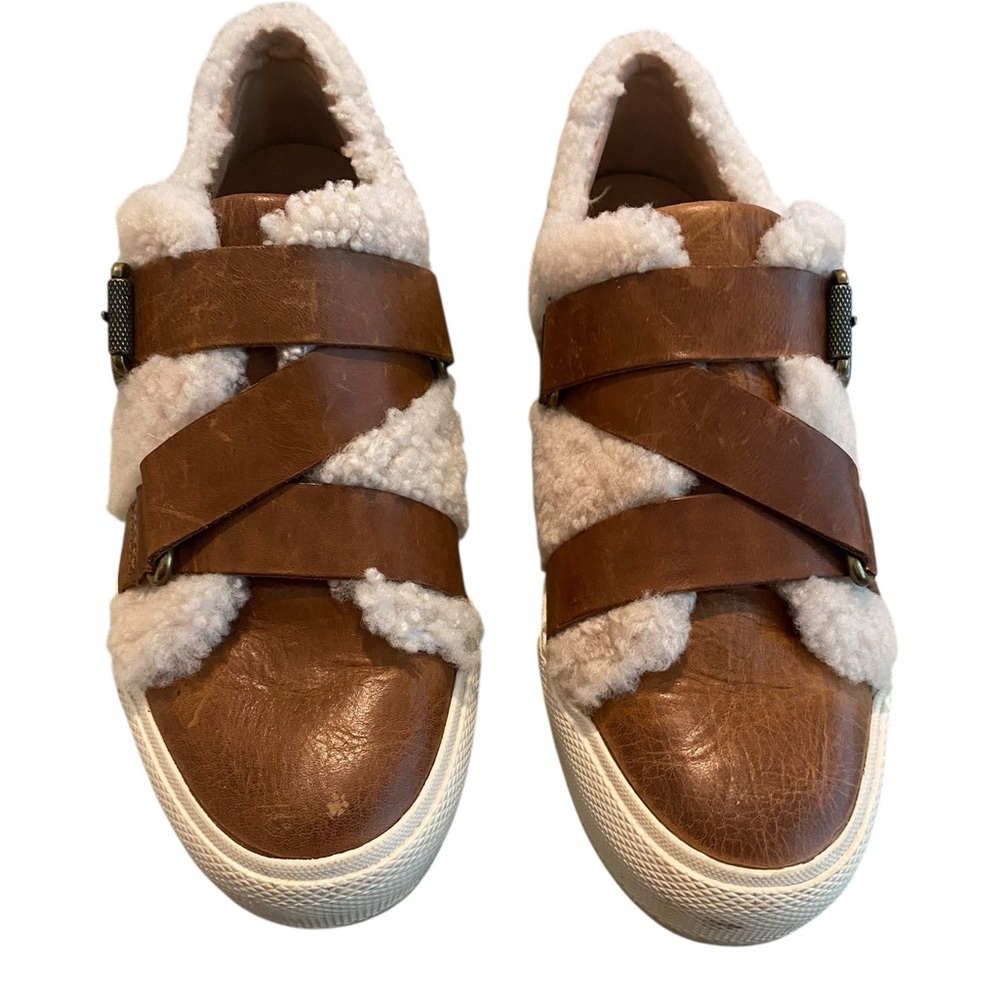 Frye Leather & Shearling Cross-Strap Sneakers – Size 8.5
